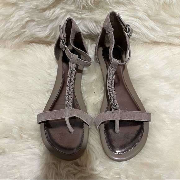 Banana Republic Grey Suede Braided Metal Chain Strap Sandals Size 7 - Picture 2 of 8